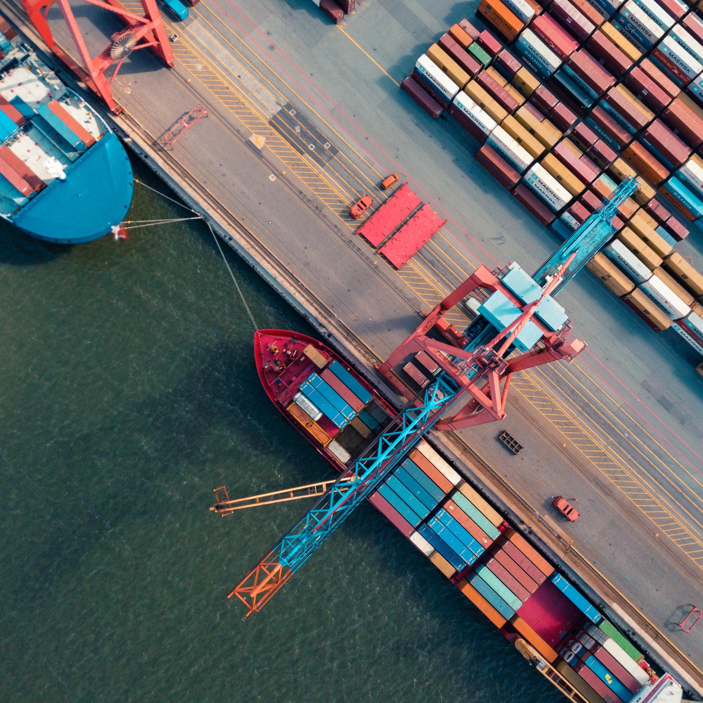 Supply Chain in Manufacturing - high angle view on Cargo container terminal in Hamburg port