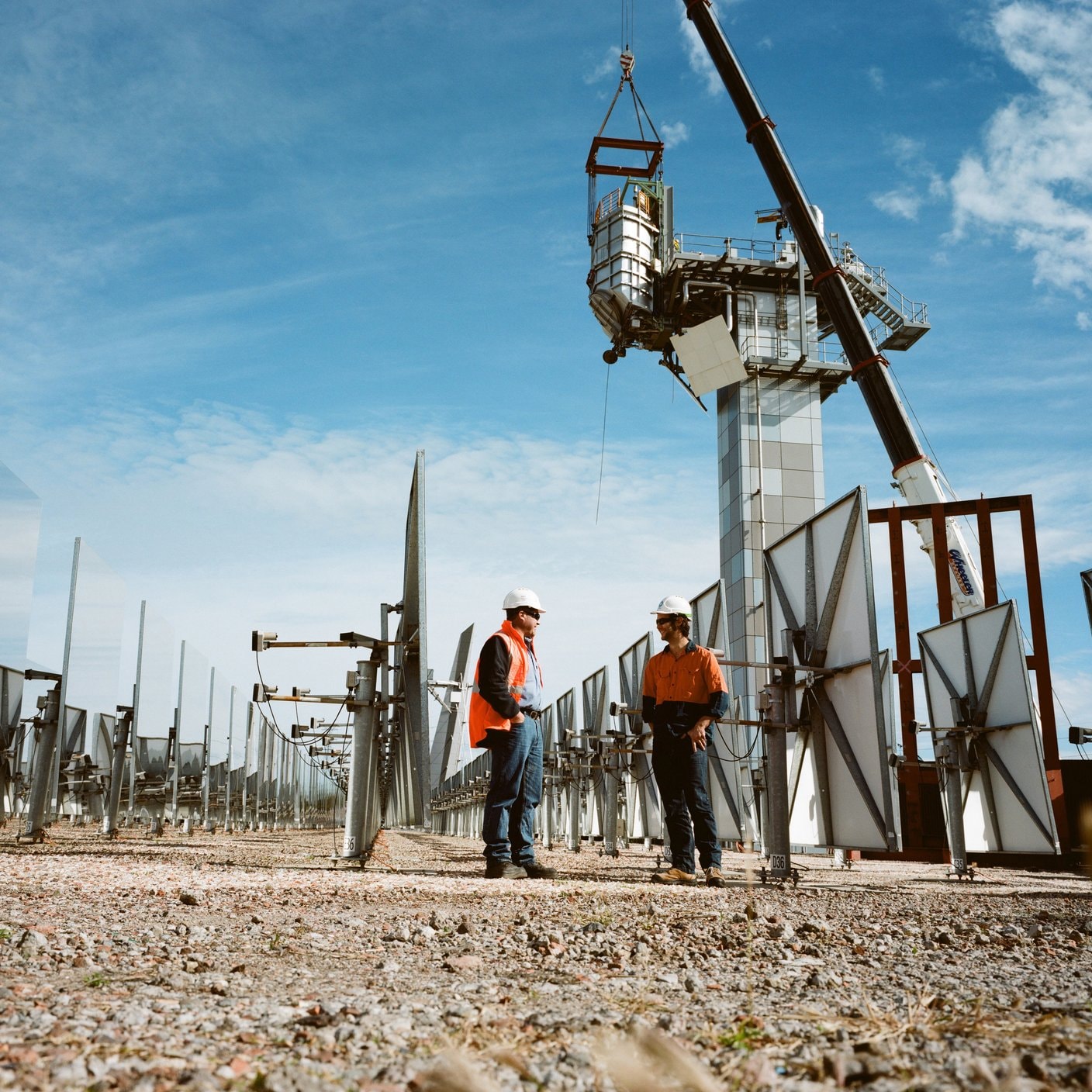 Workmen at solar thermal research facility