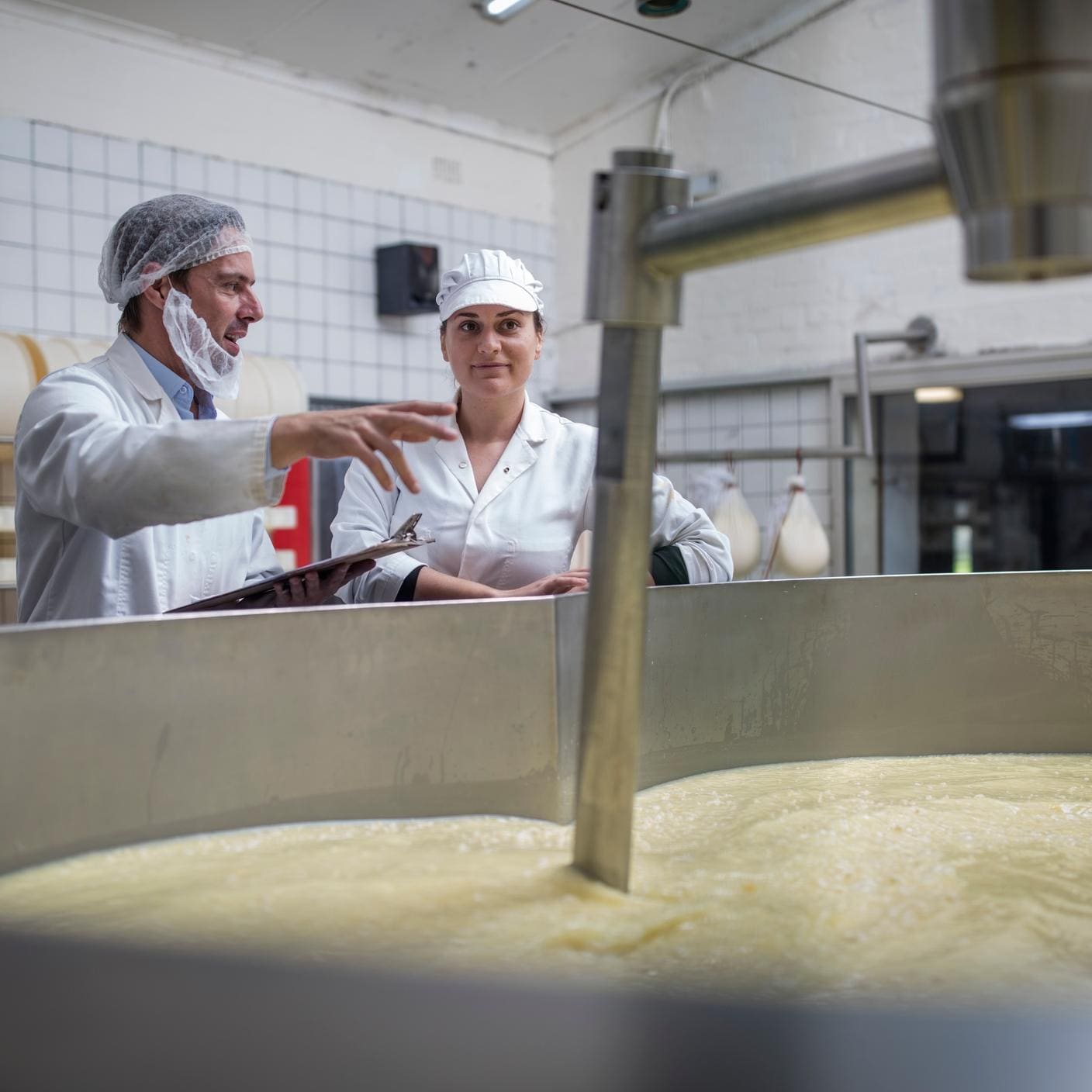 Cheese factory workers controlling curdling process