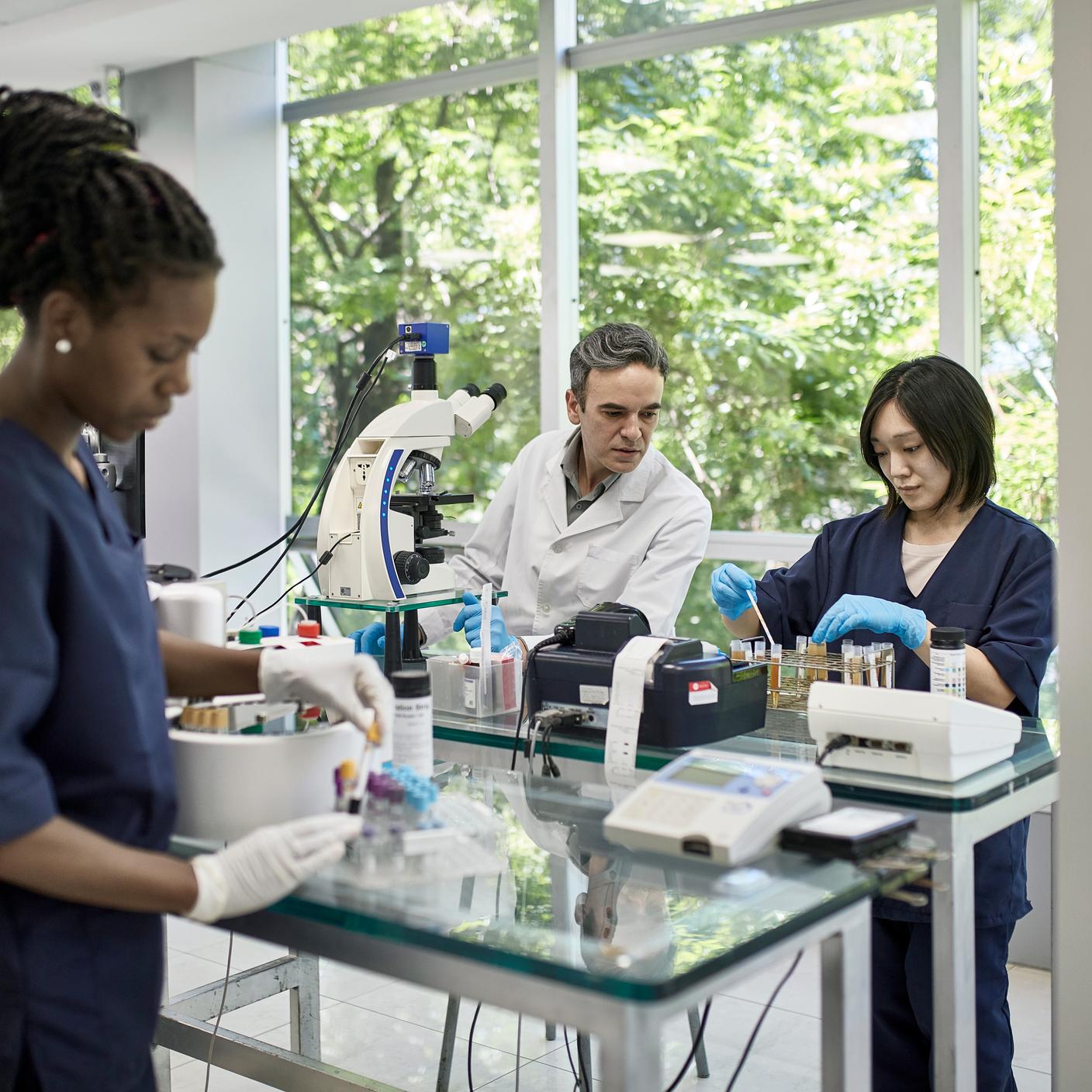 Diverse group of male and female staff members in 20s and 40s working in Buenos Aires pathology lab.