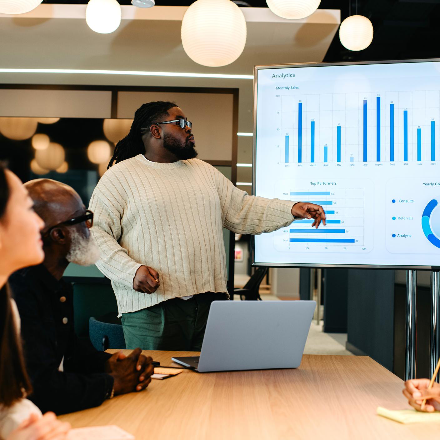 A meeting occurs in an office building. A man gives a presentation using a large monitor / screen. The screen displays graphs and charts. Colleagues listen intently.