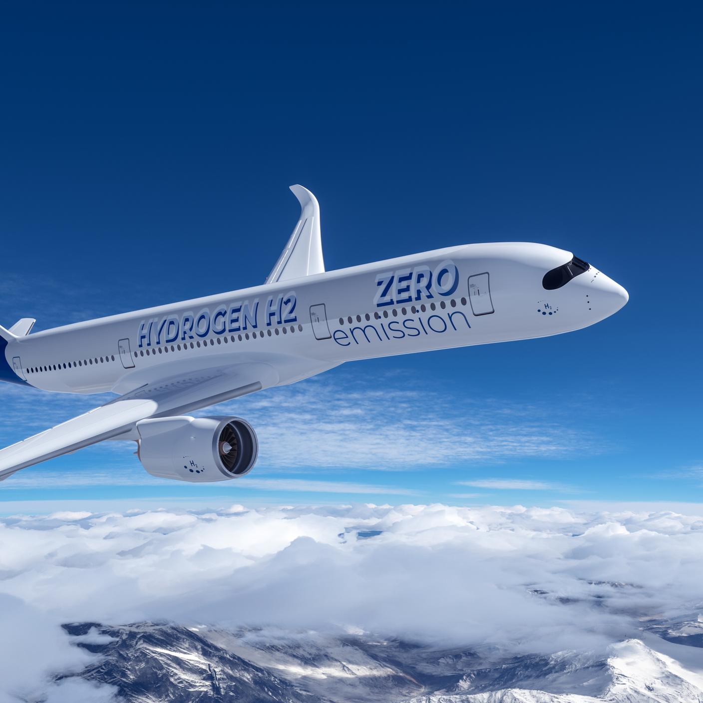 Blue Hydrogen filled H2 Aeroplane flying in the sky 