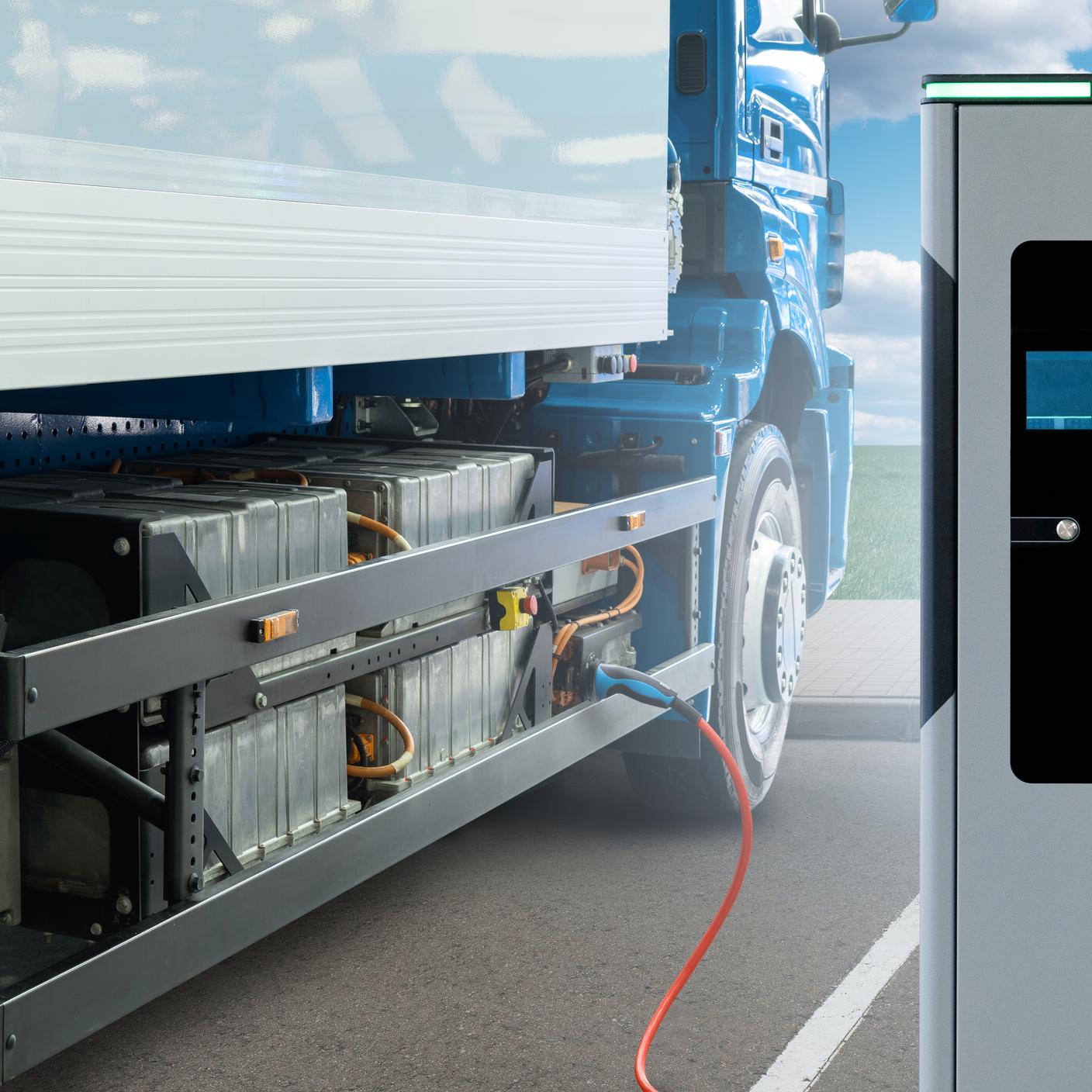 Electric truck batteries are charged from the charging station