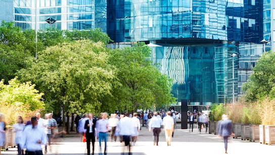 People wandering in front of building and trees 