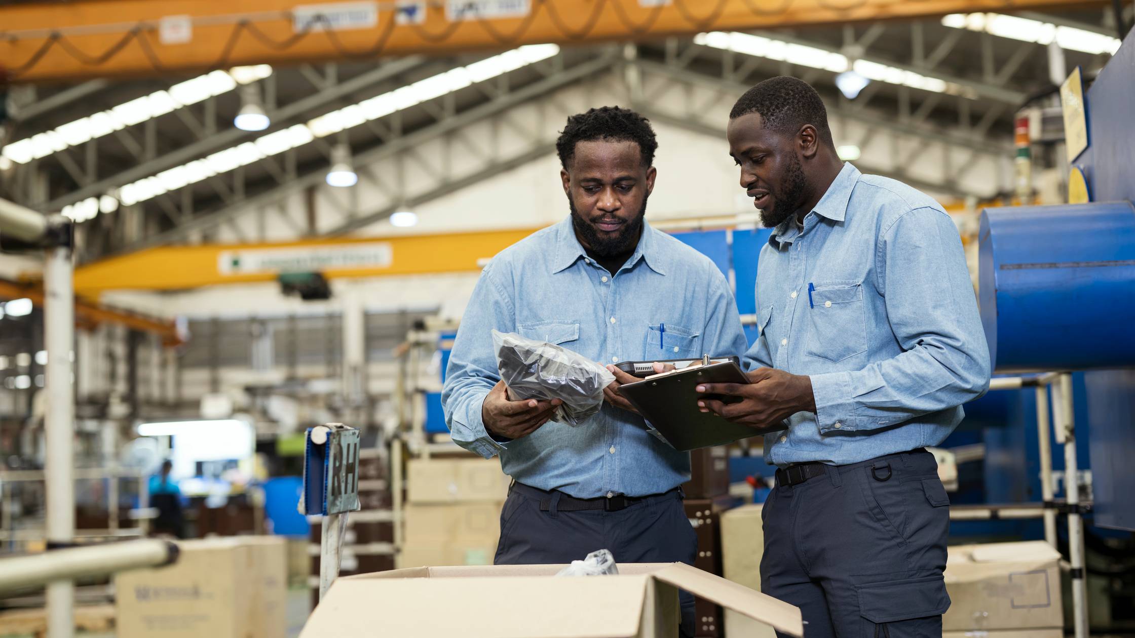  Production Control Manager and Quality Control Engineers is inspecting final product of plastic auto parts.