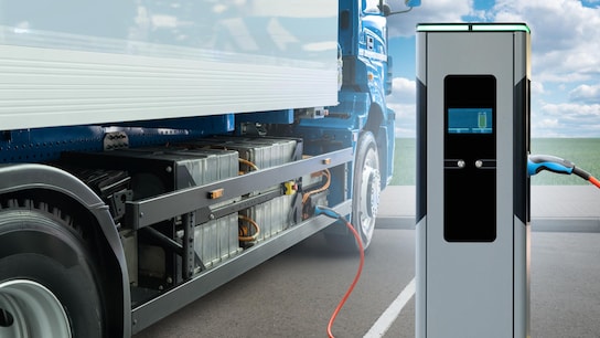 Electric truck batteries are charged from the charging station